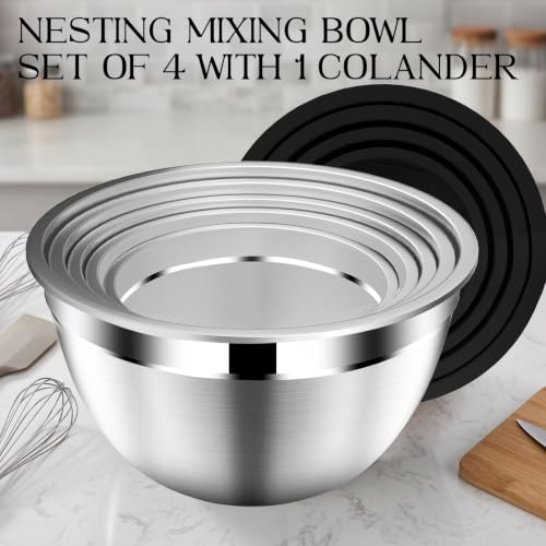 Mixing Bowls with Lids Set, Stainless Steel Mixing Bowl with Colander | Home and Kitchen Essential incl. Strainer 3 Qt with Mixing Bowl 1.5/2/2.5/3/4.5Qt for Fruit, Salad, Serving, Cooking - Black