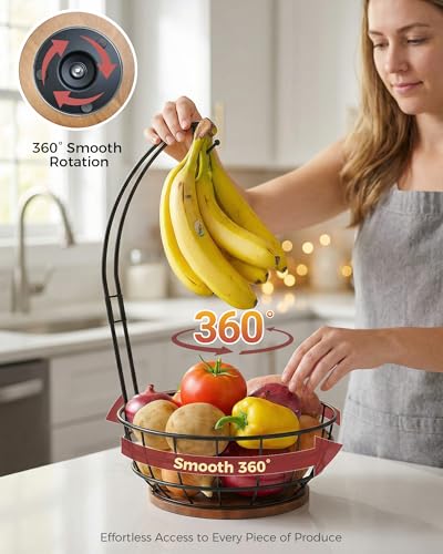 Sevenblue 360° Rotating Fruit Bowl for Kitchen Counter with Banana Holder | Stable Metal Basket with Wooden Lazy Susan Base, Upgraded Banana Hanger Prevents Bruising, Ideal for Fruits, Bananas & Snacks