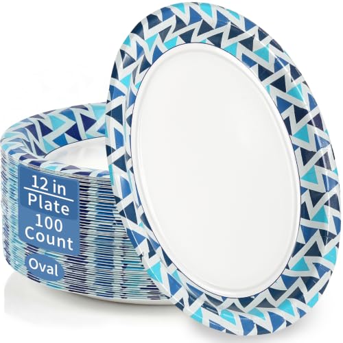 OuMuaMua Paper Plates 12 Inch, 12x10 Inch Oval Disposable Plates,100 Count | Soak Proof & Cut Resistant, Microwave Safe, Sturdy Bulk Large Paper Plates, Elegant Blue Pattern for Picnic, BBQ & Large Meal