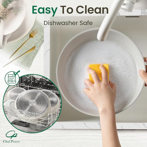 Chef Power Ceramic Nonstick Pots and Pans Set 19 Piece with Detachable Handle, Induction Dishwasher Oven Safe Cookware Set, RV Kitchen Set Removable Handle, Granite Grey and White