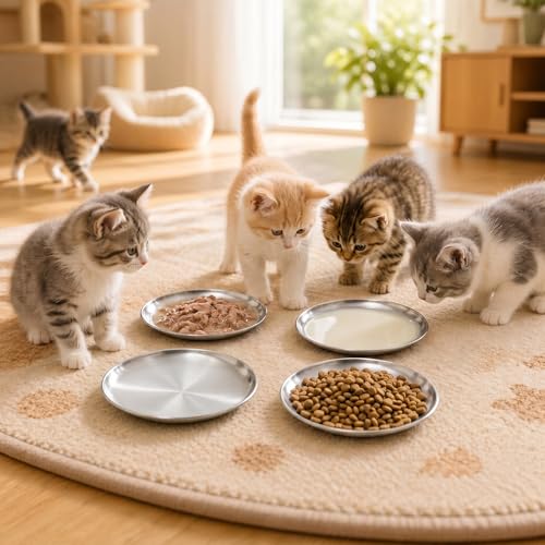 ChefBee 4PCS 6.7" Stainless Steel Shallow Cat Bowls, Whisker Friendly | Flat Shallow Wide Design, Food & Water Dishes, Easy to Clean, For Indoor Cats, Kittens & Multicats, Pet Feeding Plates