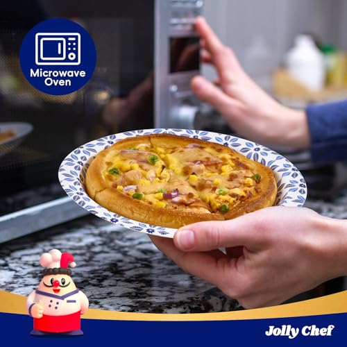 JOLLY CHEF 10 inch 140 Pack Disposable Paper Plates | Soak Proof, Cut Proof, Microwave Safe Heavy Duty for Party, Picnic or Everyday Use