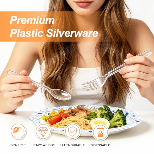 Lamosi 360 Count Extra Heavy Duty Clear Plastic Forks, Spoons, Knives | 150 Forks, 150 Spoons, 60 Knives Disposable Plastic Silverware Set, BPA-Free, Heat Resistant for Weddings, Parties & Events