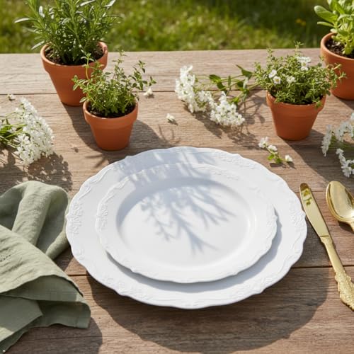 U-QE 100 Pcs White Plastic Plates, White Plates Disposable for Party | Disposable, Premium Hard Plastic, For Wedding and Party Use, 50 Dinner Plates 10'', 50 Dessert Plates 7.5''