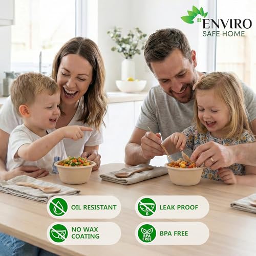 Enviro Safe Home 10 oz Bamboo Disposable Soup Bowls, 100 Pack, Heavy Duty | Sturdy bowls, Won't Leak or Get Soggy - Microwave & Oven Safe - Great For Hot Soup, Snacks & Small Portions - Plastic-free