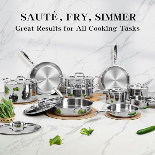 EWFEN Stainless Steel Cookware Set, 3 Ply 17 Piece Stainless Steel Pot and Pan Set, Oven Dishwasher Safe
