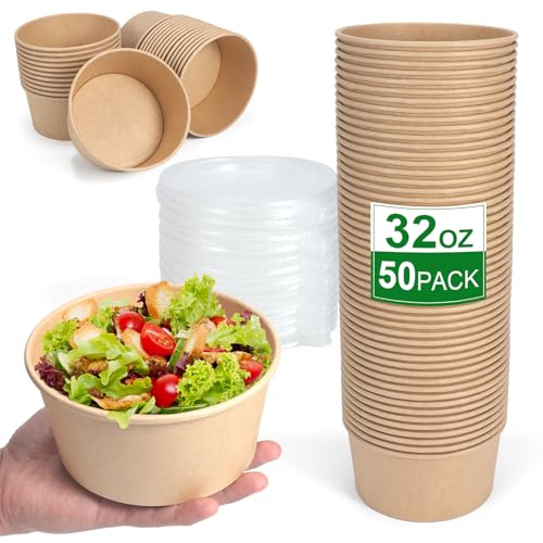 DUIBAOCHUN 50 Pcs 32 Oz disposable meal prep containers，paper bowls with lids，disposable soup bowls，soup bowls disposable hot/cold，disposable salad bowls with lids，