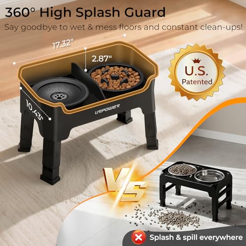 URPOWER Mess Proof Elevated Dog Bowls 4 Height Adjustable Raised Stand | No Spill Water Bowl, Slow Feeder Dog Bowls, Non-Slip Food and Water Bowl Set for Small, Medium & Large Dogs