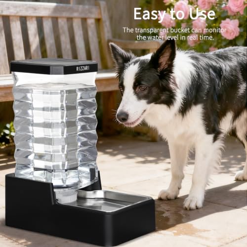 RIZZARI 2.64 Gallon Pet Water Dispenser: Filter-Free Wide Mouth Design | Stainless Steel Bowl / Dishwasher Safe / No Electricity / Stable Base / Multi-Pet Friendly / Low Maintenance