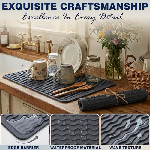 2 Pack Caketime Silicone Dish Drying Mat for Kitchen Counter Heat Resistant Under Sink Waterproof Coffee Bar Accessories Dining Rack Stone Utensil Holder Countertop Decor Must Haves 2026