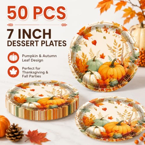 LDFDRT 7 Inch Fall Paper Plates 50pcs Pumpkin Thanksgiving Dessert Plates | Fall Themed Paper Plates Autumn Leaf Pumpkin Design Disposable Thanksgiving Dessert Plates for Fall Birthday,Holiday Party