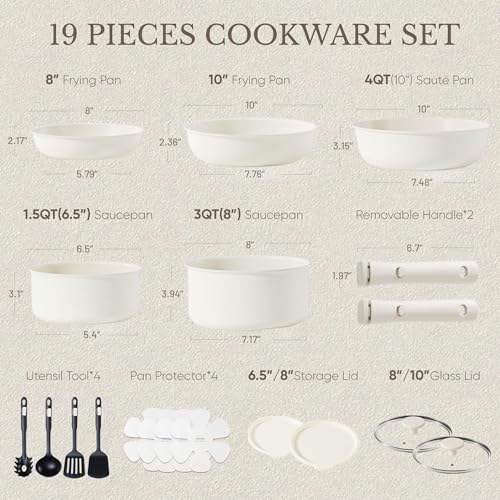 CAROTE 19pcs Pots and Pans Set Non Stick, Detachable Handle Cookware | Kitchen Cooking Sets, Space Saving, Dishwasher & Oven Safe, Non-Toxic, for Camping/RV/Traveling, Cream White