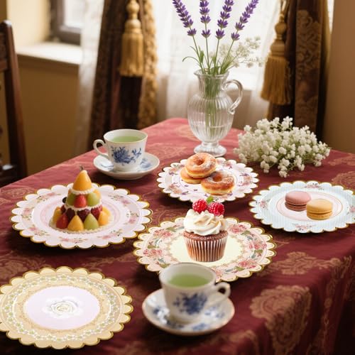 Xjoviative 48 PCS Vintage Floral Paper Plates 7 inch, Scalloped Flower Tea Party Plates Disposable Cake Dessert Plate for Birthday Bridal Shower Baby Shower Wedding Party Decorations (Floral)