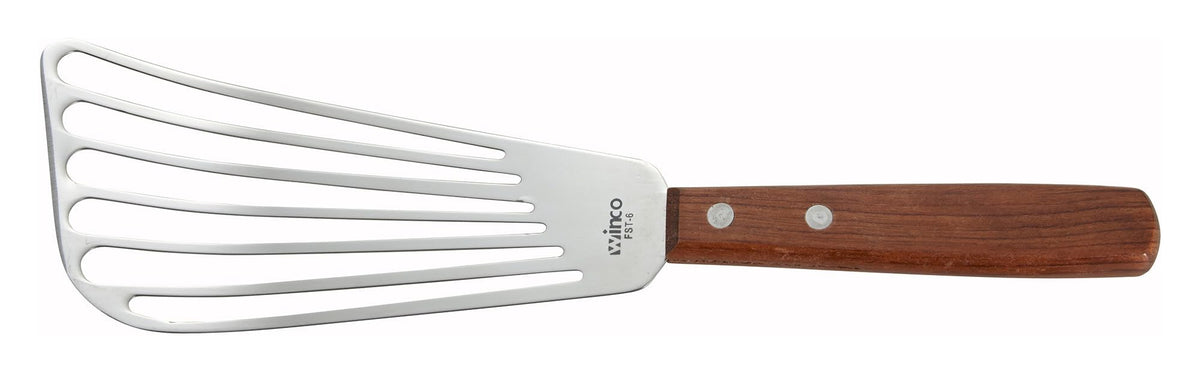 Winco Fish Stainless Steel Commercial Spatula | Dishwasher safe, Slotted design for efficient drainage, Wooden handle for comfortable grip, Great for Eggs and Kitchen Prep