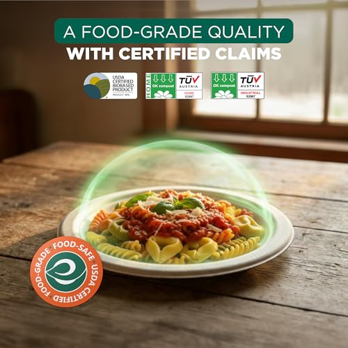 ECO SOUL 9 Inch Disposable Bagasse Paper Plates (100 Pack, Round) | Natural, Compostable, 100% Virgin Bagasse Pulp, Heavy Duty, Biodegradable, Microwave Safe, Food Safe, Eco-Friendly