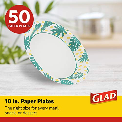 Glad Round Disposable Paper Plates, Palm Leaves Pattern, 10 Inch, 50 Count | Coated paper, soak-proof and cut-resistant, microwave safe, everyday meals parties and picnics