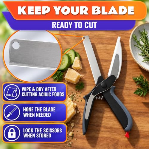 2 in 1 Kitchen Scissors for Food, Cutting Board Scissors with Safety Lock | Tomato Knife Alternative for Soft Veggies, Fruit & Cheese, 9 1/2 Inch Stainless Steel, Right or Left Hand, Dishwasher Safe