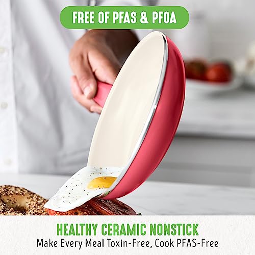 GreenLife 16 Piece Nonstick Cookware Set, Soft Grip Non-Toxic PFAS-Free Ceramic Pots & Pans, Dishwasher & Oven Safe, Frying, Sauce, Saute, Utensils, Glass Lids, Stay-Cool Handles, Wobble Free, Red