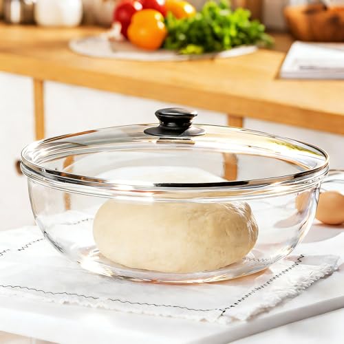 6 QT Large Glass Mixing Bowl with Lid for Sourdough Bread Making & Proofing | Dough Rise Clearly in This 6QT Glass Bowl with Ventilated Lid Oven-Safe Ideal for Sourdough Proofing Mixing & Storing
