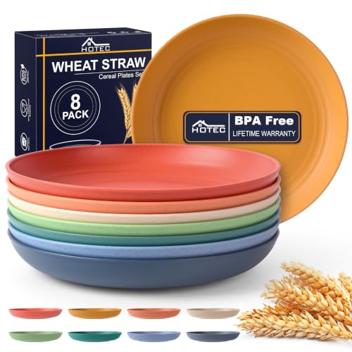 HOTEC 8-Pack 8inch Deep Plastic Plates,Multicolor | BPA Free, Unbreakable, Dishwasher Safe, Wheat Straw Camping Plates