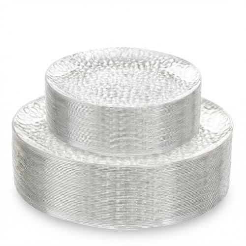 Rubtlamp 60Pcs Plastic Plates, Clear Disposable Plates, Hammered Heavy Duty Plastic Platos, Fancy Disposable Platos Include 30 Clear Dinner Plate, 30 Salad Plate For Bridal Spring