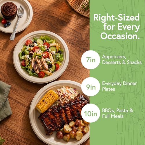Jenvita Bamboo Paper Plates, 50 Pack, 9 Inch Disposable | Sturdy, Microwave Safe, Compostable, Heavy Duty, PFAS Free, Biodegradable, FSC Certified, Plastic Alternative