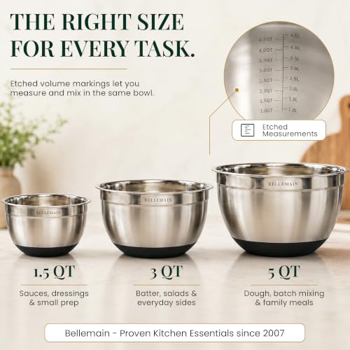 Bellemain Stainless Steel Mixing Bowls with Airtight Lids Set - Set of 3 | Non-slip Silicon Base, Kitchen Essentials for Baking & Serving (Mix, Serve, and Store), Rust-resistant, Dishwasher Safe