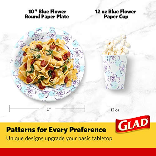 Glad Round Paper Plates, Blue Flower Design, 10 Inch, 50 Count | Heavy-duty, soak-proof, cut-resistant plates for meals, parties, picnics, and events