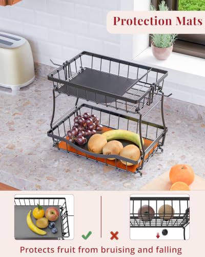 2-Tier Fruit Basket for Kitchen Counter with 2 Removable Banana Holders | Metal Wire Fruit Bowl with Protective Pads & Rubber Feet | Kitchen Organization for Vegetables, Snacks & Bread | 12.7"Lx8.7"W