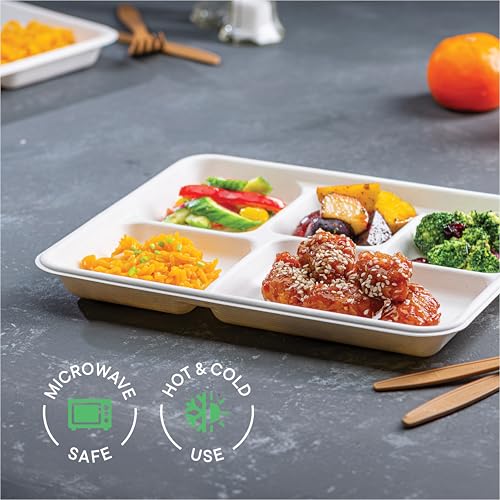 100% Compostable 5-Compartment Tray [125-Pack] Heavy Duty Bagasse Plates | Eco-Friendly Biodegradable School Lunch Tray Made of Sugar Cane Fibers, PFAS-Free & BPI Certified White Divided Platter
