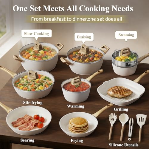 Bazova 24Pcs Pots and Pans Set, Long-Lasting Ceramic Nonstick Cookware Set