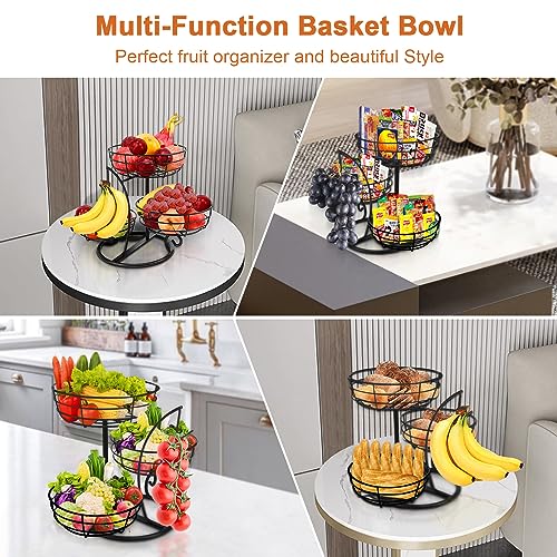 Livabber Fruit Basket Bowl with Banana Hanger, Fruit Vegetable Storage Basket with Banana Tree Holder for Kitchen Counter, Detachable Organizer for Bread Snack Produce (Black, 3-Tier Metal Base)