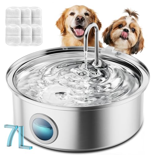 Oneisall 7L/230oz Pet Water Fountain | 25db Quiet Design,304 Stainless Steel,Contain 6Set Filters,Visual Water,5-Layer Filtration,Fit for Living Room Kitchen