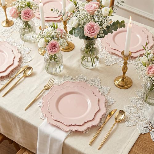 COLOSUS 60 PCS Pink Disposable Plastic Plates, Fancy Beaded Party Plates. | Pink Plastic Plates, Hard Scalloped Plates Include 10" Dinner Plates & 7.5" Dessert plates for Party, Birthday & Wedding.