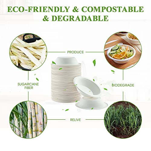 Vplus 200 Pack 16 OZ Compostable Paper Bowls, Bagasse Bowls，White | Disposable Compostable Bowls Bulk, Eco-friendly Bagasse Bowls, Heavy-duty Bowls Perfect for Milk Cereals, Snacks, Salads