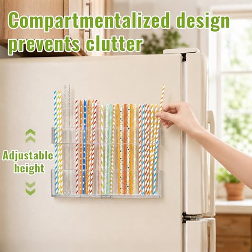 Mpotmiy 9.5" Large Acrylic Straw Holder for Cabinet Door, Straw Organizer | Transparent organizer with ultra-sticky adhesive, drainage holes and adjustable height for utensils and tumbler accessories.