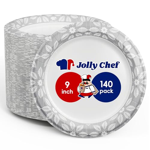 JOLLY CHEF 9 inch 140 Pack Disposable Paper Plates | Soak Proof, Cut Proof, Heavy Duty Printed Paper Plates for Everyday Use