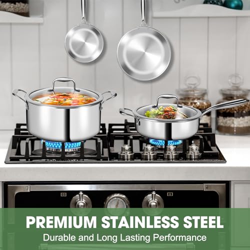 EWFEN 3 Ply Stainless Steel 11-Piece Cookware Set with Lids, Pots and Pans Kitchen Set, Non-Toxic, Induction, Oven, Dishwasher Safe, Professional Chef Quality