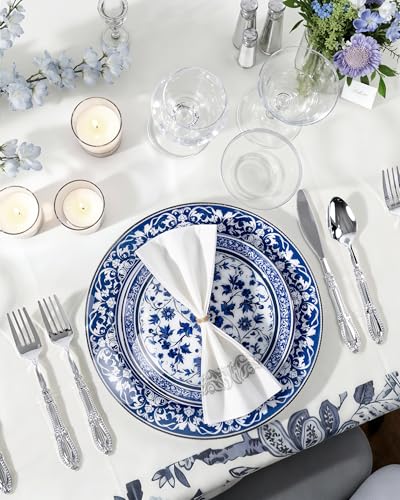 Hioasis Blue Plastic Plates, Fancy Disposable Pates, 60 Pcs for 30 Guests | Blue & white porcelain design. Dishwasher safe, 10.25" dinner & 7.5" dessert plates for Wedding