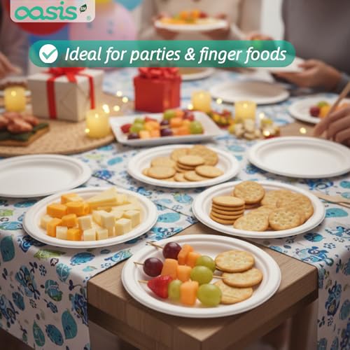 OasisSN 6 Inch Paper Plates 128 Pack, Small Dessert Plates Disposable, Heavy Duty Compostable Sugarcane Bagasse Plates for Cake, Snacks, Kids Meals & Parties, White