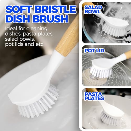 Holikme 3 Pack Dish Brush with Bamboo Handle Cleaning Brush,White Black | Dish Brushes Vegetable Scrubber Round Natural Scrub Brush Cleaning Kit for Cleaning Saucepans, Pots, Pans and Vegetables