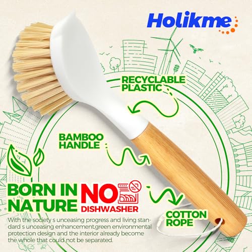 Holikme 3 Pack Dish Brush with Bamboo Handle Cleaning Brush,White Black | Dish Brushes Vegetable Scrubber Round Natural Scrub Brush Cleaning Kit for Cleaning Saucepans, Pots, Pans and Vegetables