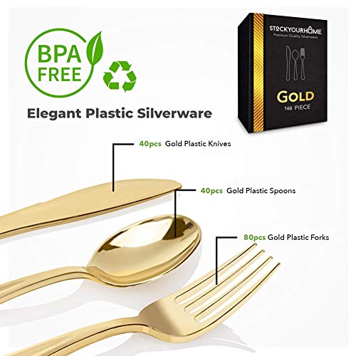 Gold Plastic Silverware Set (160 Bulk Pack) Disposable Cutlery Utensils, 80 Forks, 40 Knives, 40 Spoons, Heavy Duty Flatware For Holidays, Parties, Dinners, Weddings, and Occasions