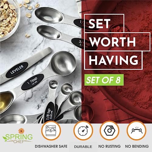Spring Chef Stainless Steel Magnetic Measuring Spoons Set of 8, Black | Dual Sided Metal Teaspoon & Tablespoon Measuring Spoons with Leveler for Dry & Liquid Ingredients, Nesting, Dishwasher Safe