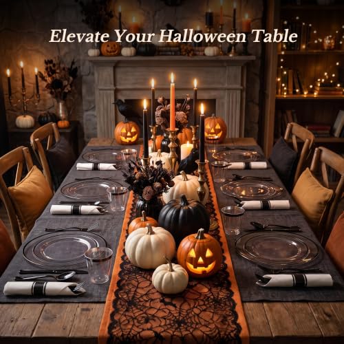 Goodluck 350 Pcs Clear Plastic Plates with Black Rim, Plastic Dinnerware | Disposable Plates for 50, Includes 100 Plates, 50 Pre Rolled Napkins with Cutlery Set, 50 Cups, for Halloween Party
