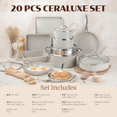 GRANITESTONE Ceraluxe 20Pc Pots and Pans Set Non Stick Ceramic Cookware Set
