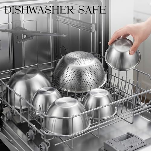 DUTZUN Kitchen Gadgets, Stainless Steel Mixing Bowls & Colander Strainer | Home & kitchen essentials for cooking, 5 nesting metal bowls with strainer for salad, baking & serving, dishwasher safe