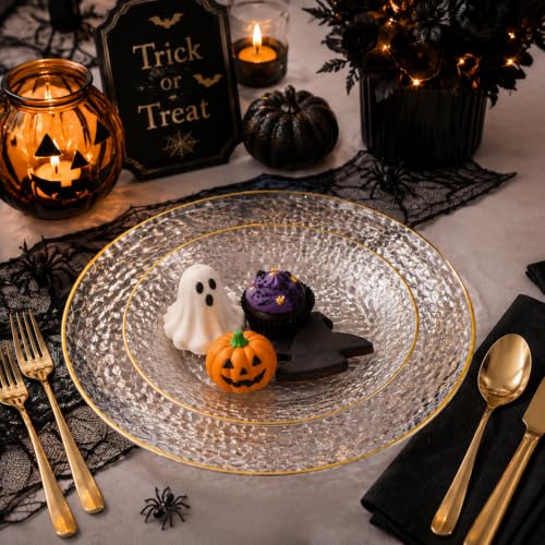 SUT 36Pcs Clear Plastic Plates, Hammered Plates Disposable Heavy Duty, Clear Disposable Plates With Gold Rim, Fancy Plastic plates Include 18 Dinner plate and 18 Dessert plate for Wedding