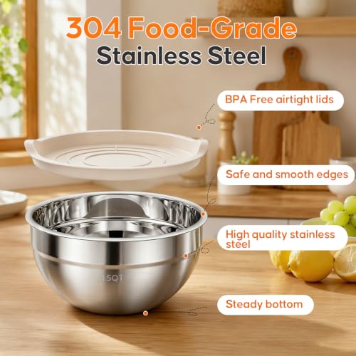 Winproper Stainless Steel Mixing Bowls with Lids Set, 4 Pack Cooking Bowls | Nesting Mixing Bowls with 3 Grater Attachments, Kitchen Airtight Metal Bowls, Size 4.5, 2.7, 1.5, 0.7QT for Mixing, Baking