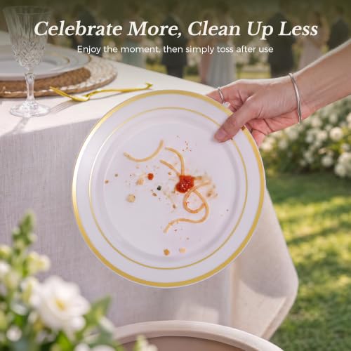 Goodluck 200PCS Gold Plastic Plates, Heavy Duty Disposable Gold Plates | 100 10.25 inch Dinner Plates and 100 7.5 inch Dessert Plates for Party, Holiday, Wedding, Thanksgiving